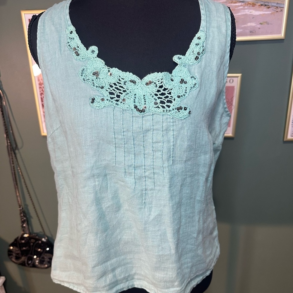 Rafaella Green Lace Linen Tank Top Size M
